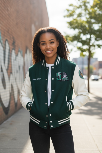 Women Customized Leather "5th District" Letterman Jacket